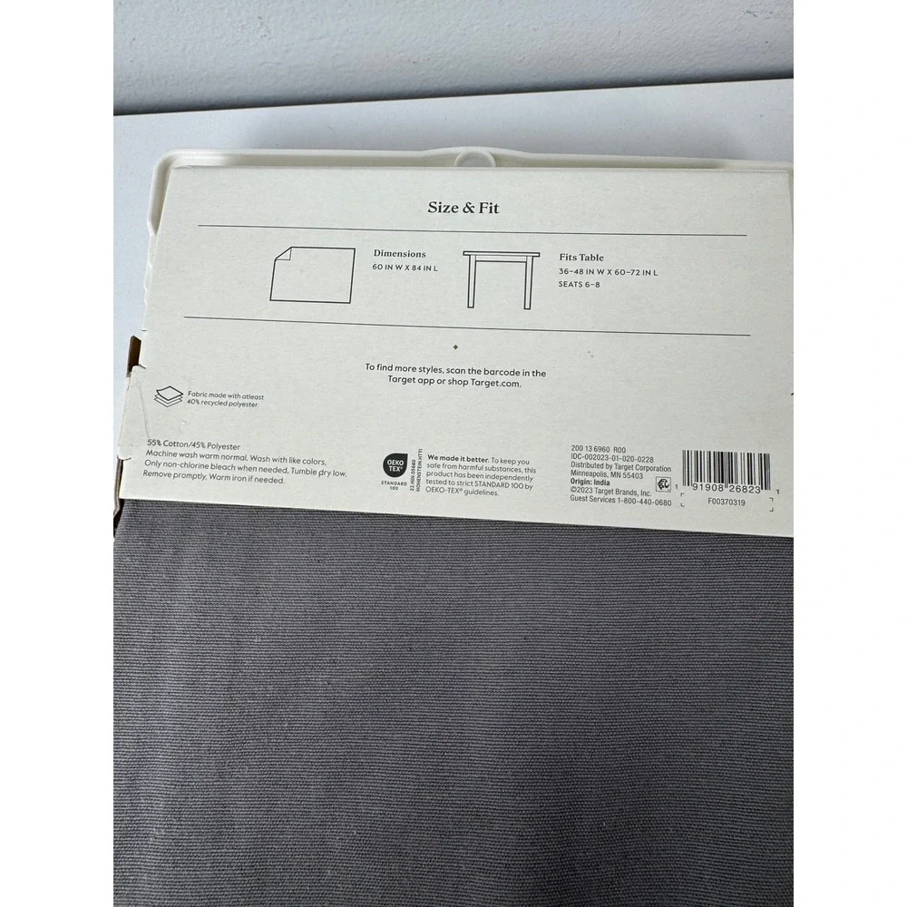 Threshold Rectangular Tablecloth Gray 60x84 Seats 6-8 Cotton Blend NEW